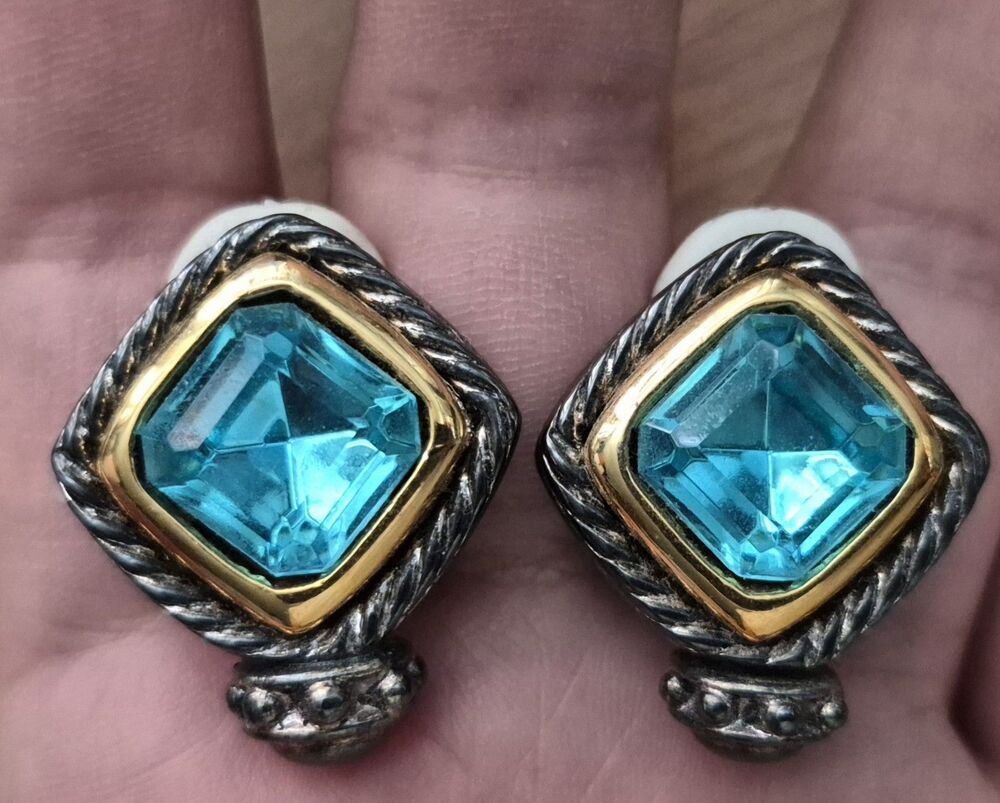 Vintage GIO signed faux Blue Topaz Chunky Earrings clip on Silver Ornate